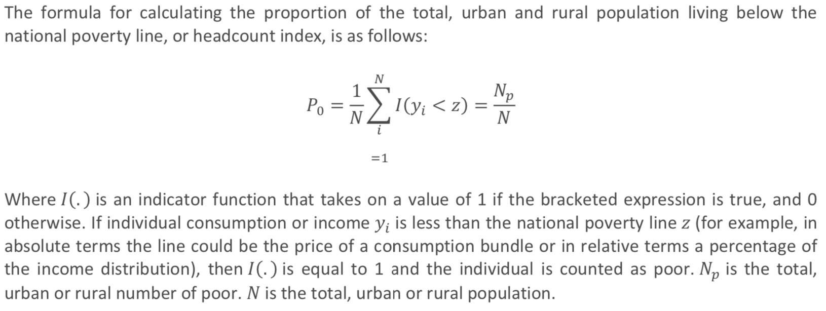 formula for calculating the proportion of the total, urban and rural population living below the national poverty line, or headcount index